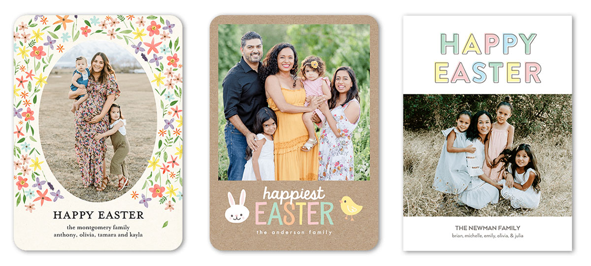 Three happy Easter cards for an Easter Sunday party with baskets and Easter eggs