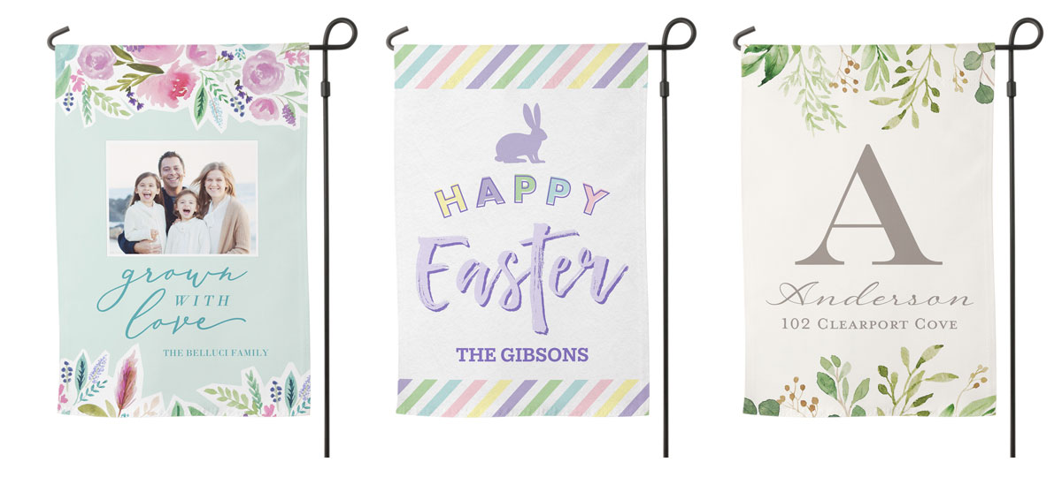 Happy Easter garden flags customized with photos and holiday sayings for an Easter Sunday party and egg hunt