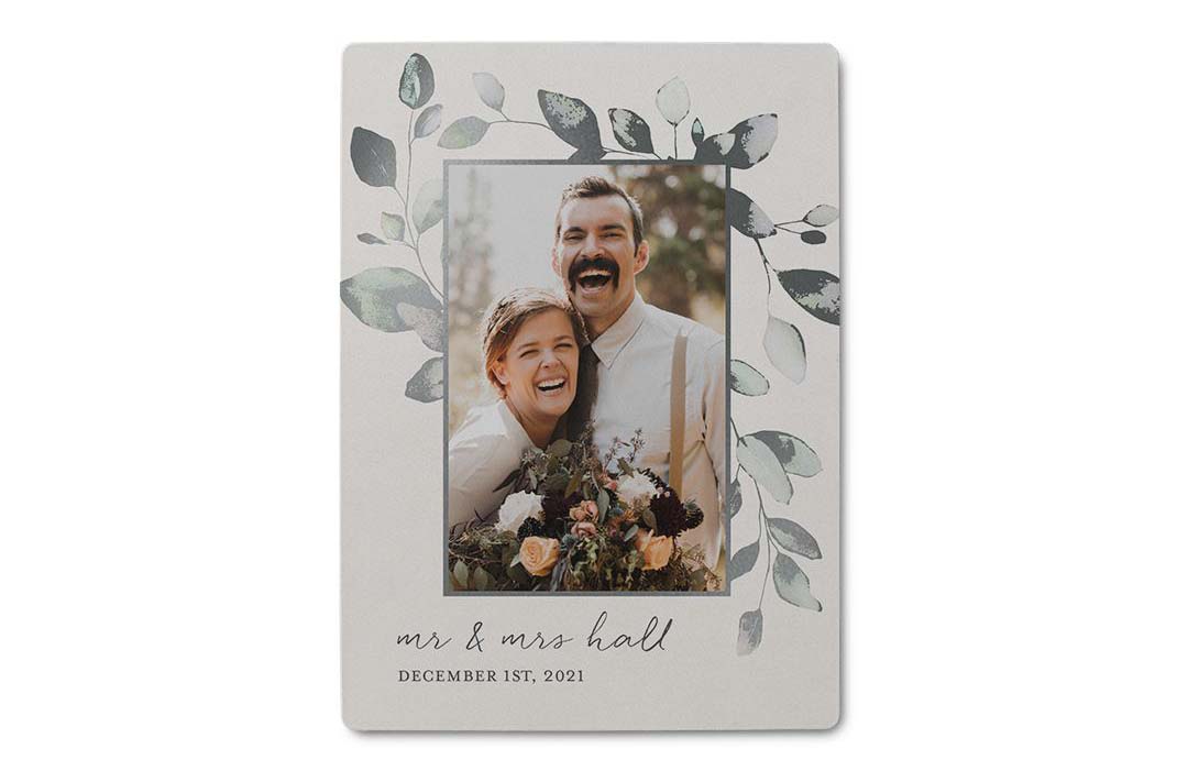 Metallic magnets made of flexible material with photo, foliage, wedding couple name and wedding date.