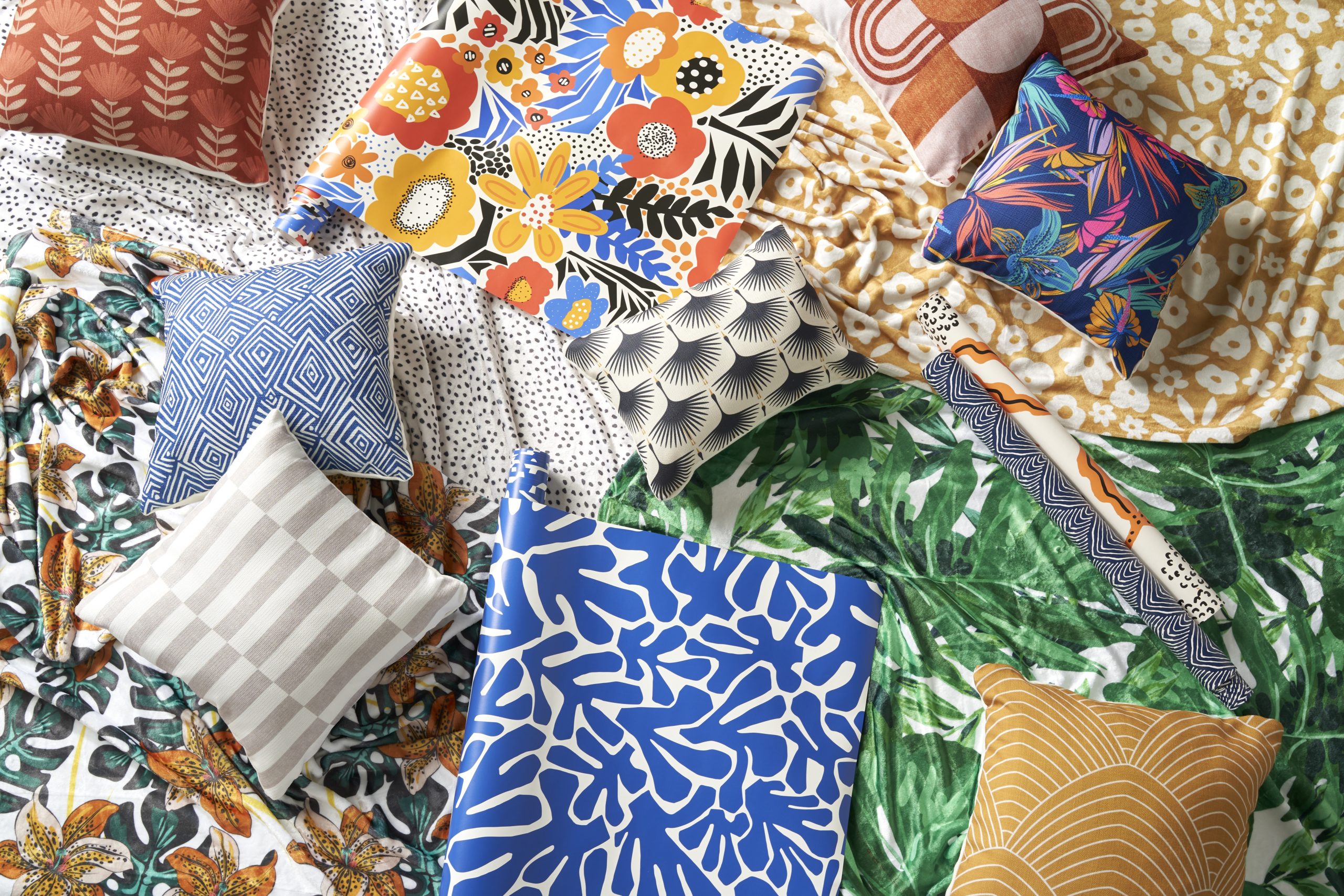 custom designed wallpaper pillows and blankets for the bedroom