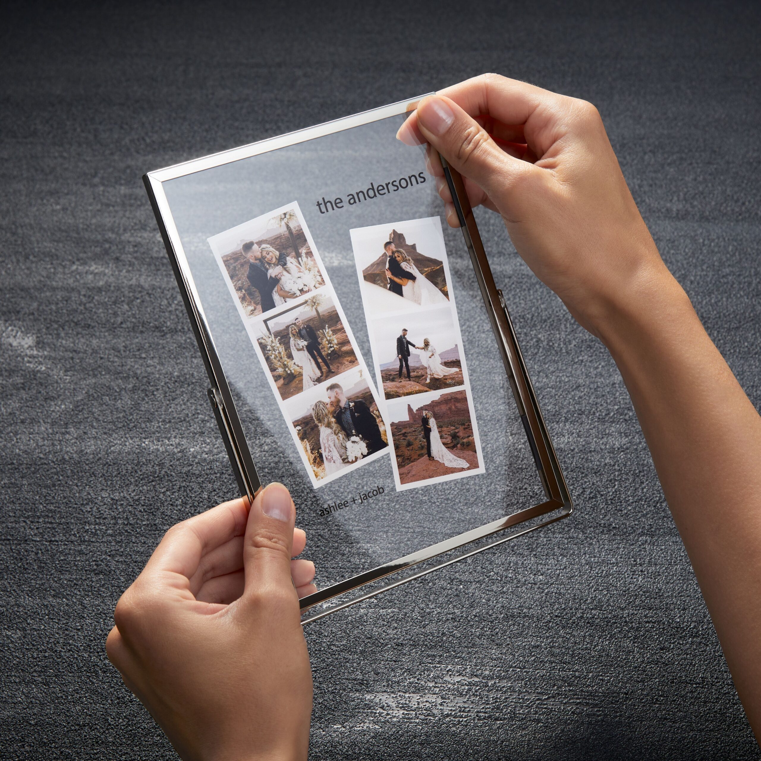 tabletop floating framed print with pictures of a couple on their wedding day