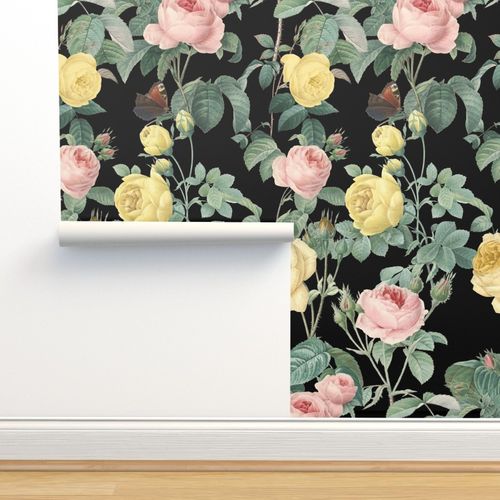 Black pink and yellow botanical peel and stick wallpaper design