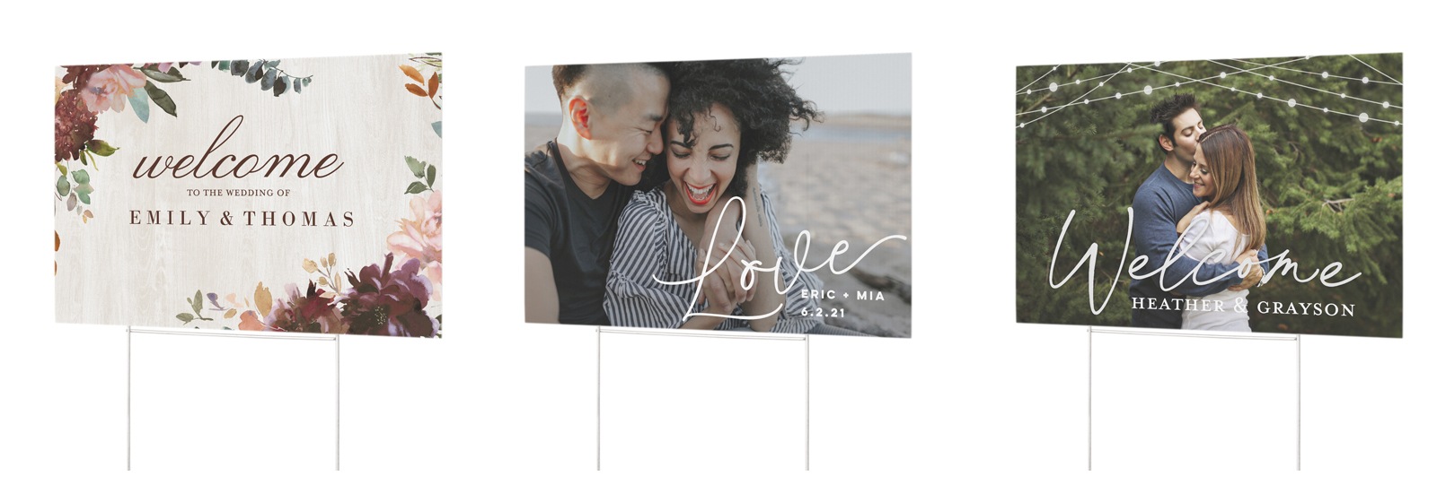 Three custom yard signs to welcome guests to a wedding