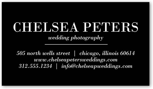 Classic business card with black background and white text