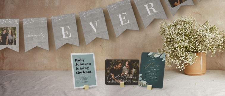 wedding bunting banner with cards displayed with rustic wedding decor