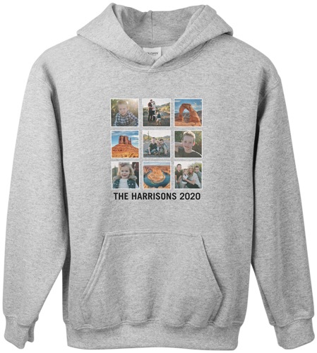 Gray custom hoodie featuring nine photos of a family vacation