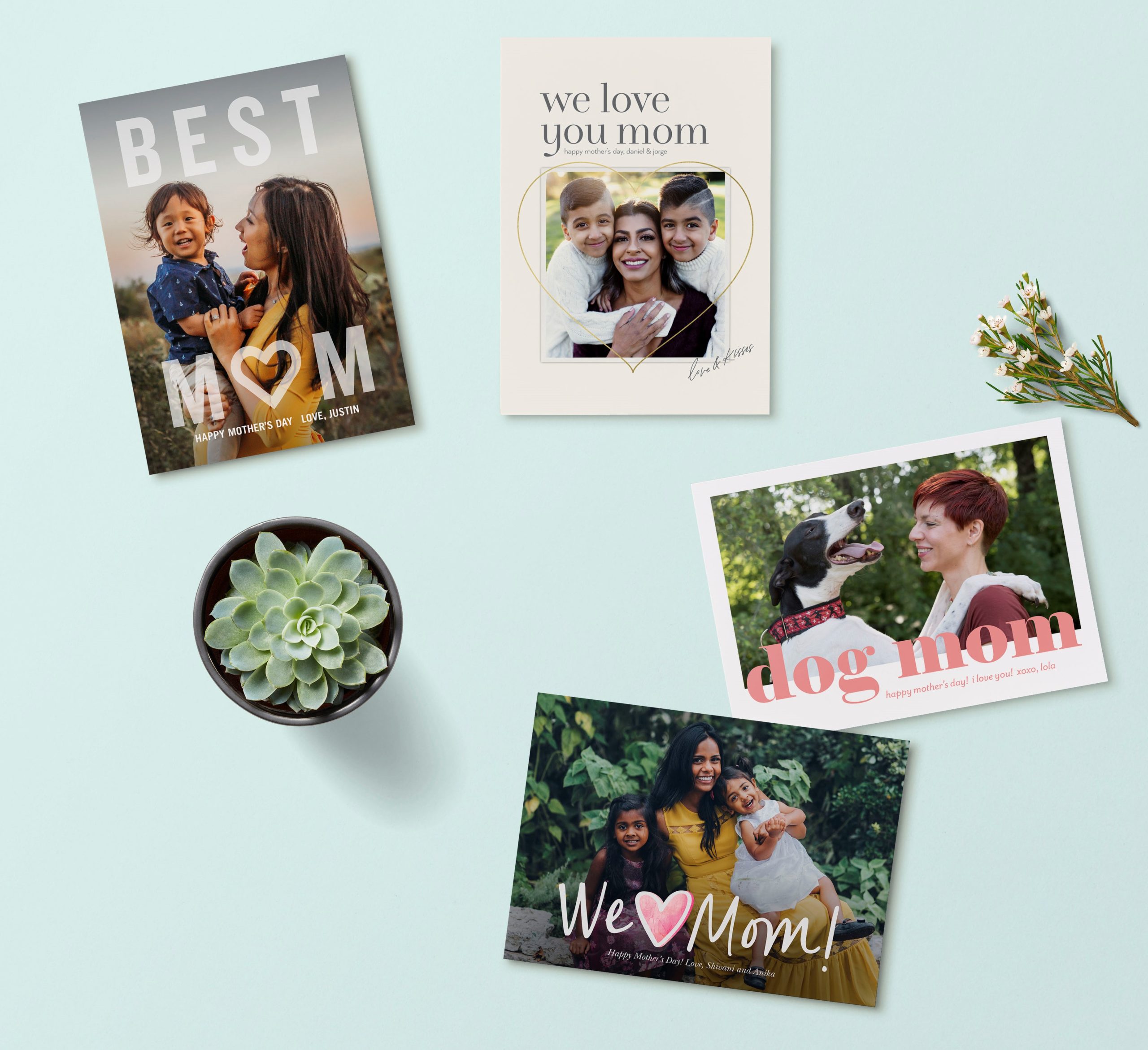 Mother's day cards with four different style cards on a sea foam green background