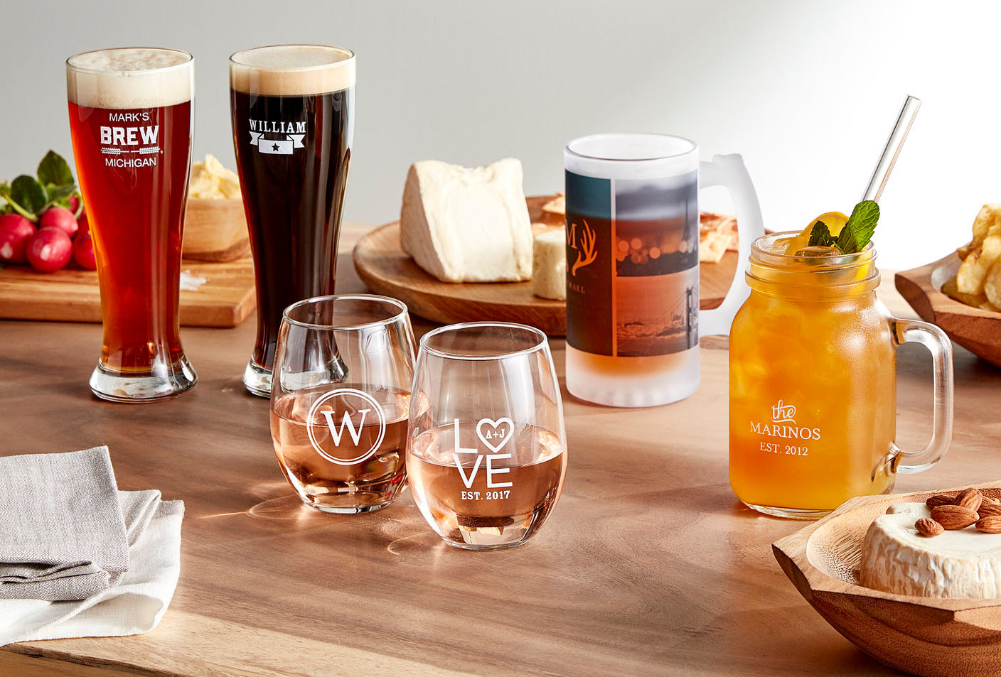 Personalized pilsner glasses, stemless wine glasses, and beer stein