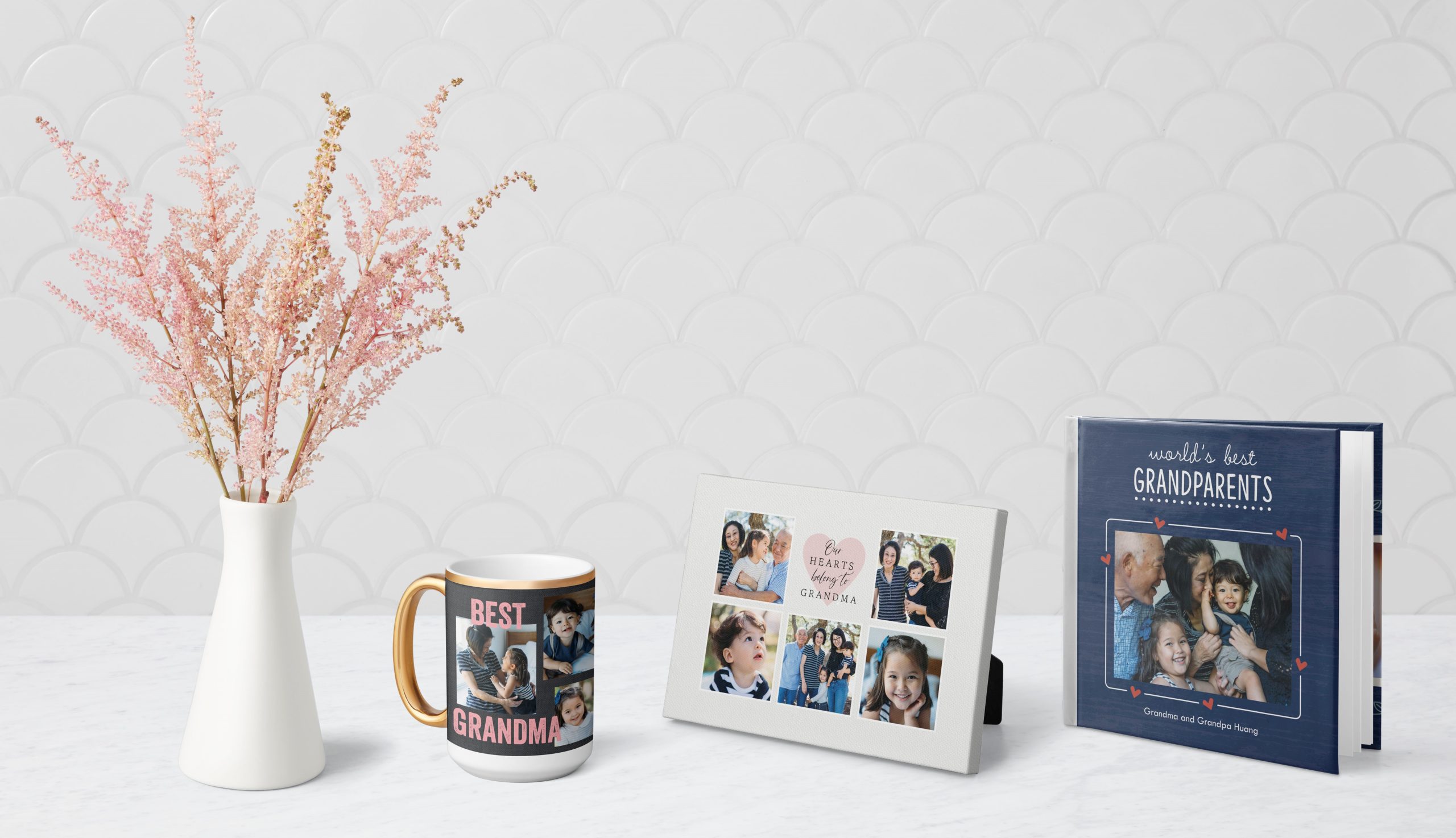 Gifts for grandparents with personalized mug, desktop plaque, and custom photobook