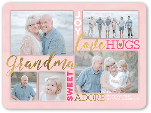 Grandma Mother's Day card that says joy love hugs sweet adore mothers day card in pink