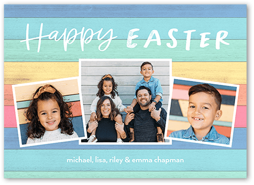 Rainbow wooden bench Easter card with three different photos of family members on the front