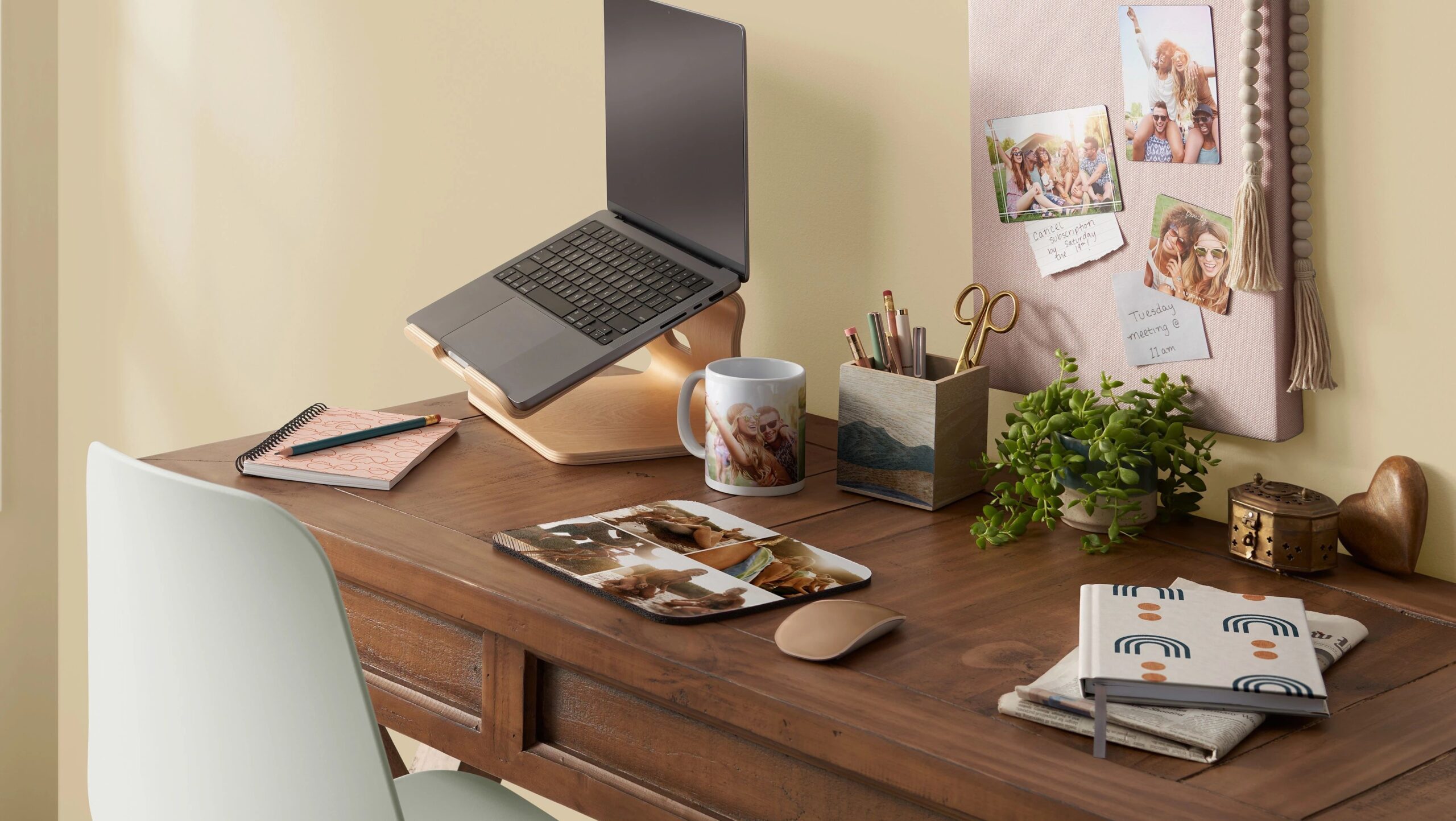 desk with office supplies on top