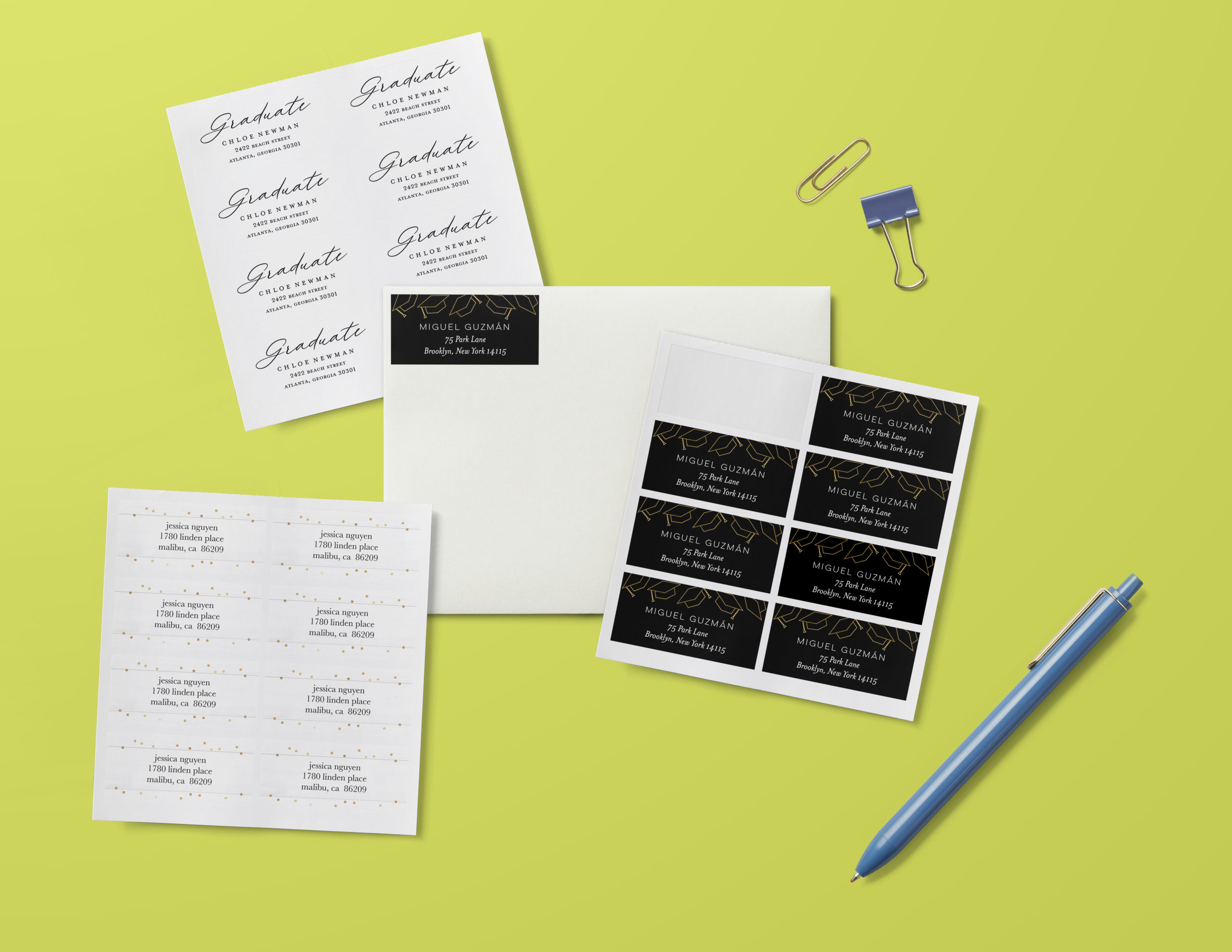 Personalized address labels and custom envelope displayed on a bright green background