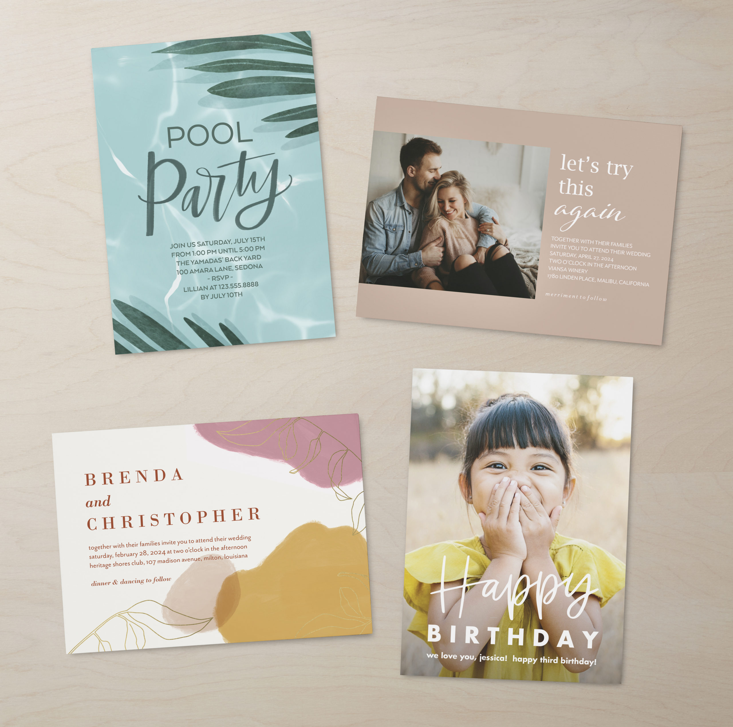 Personalized wedding invitations birthday invitation and pool party invitation