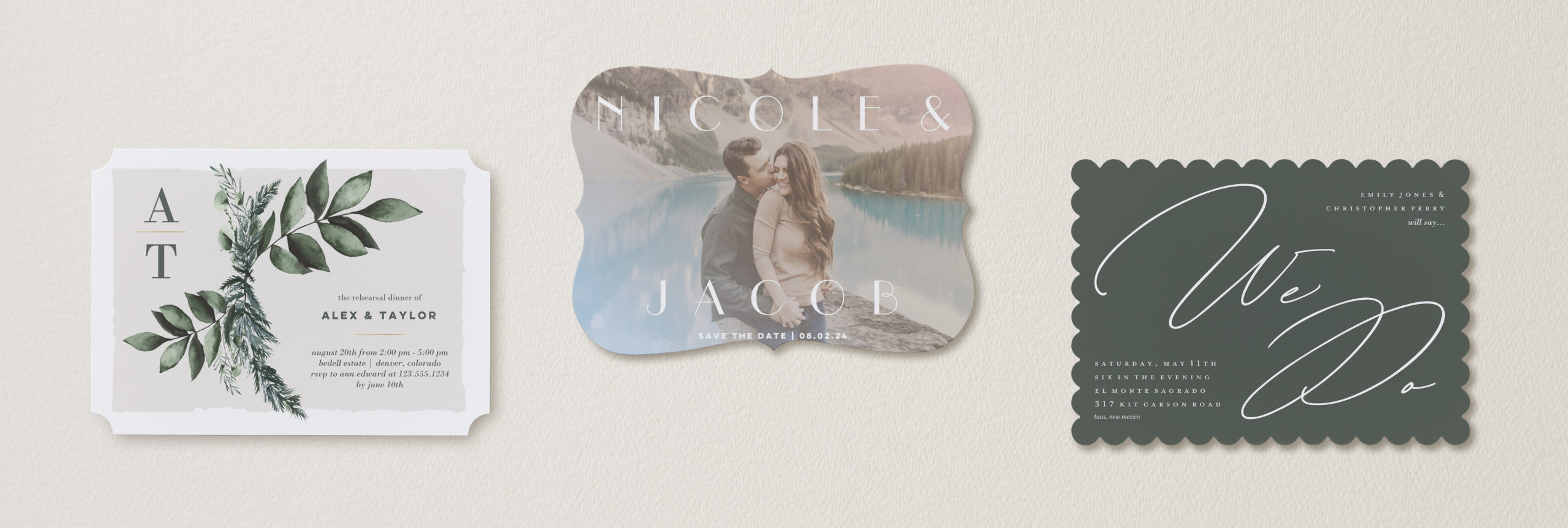 Three personalized wedding invitations with ticket corners bracket corners and scallop corners