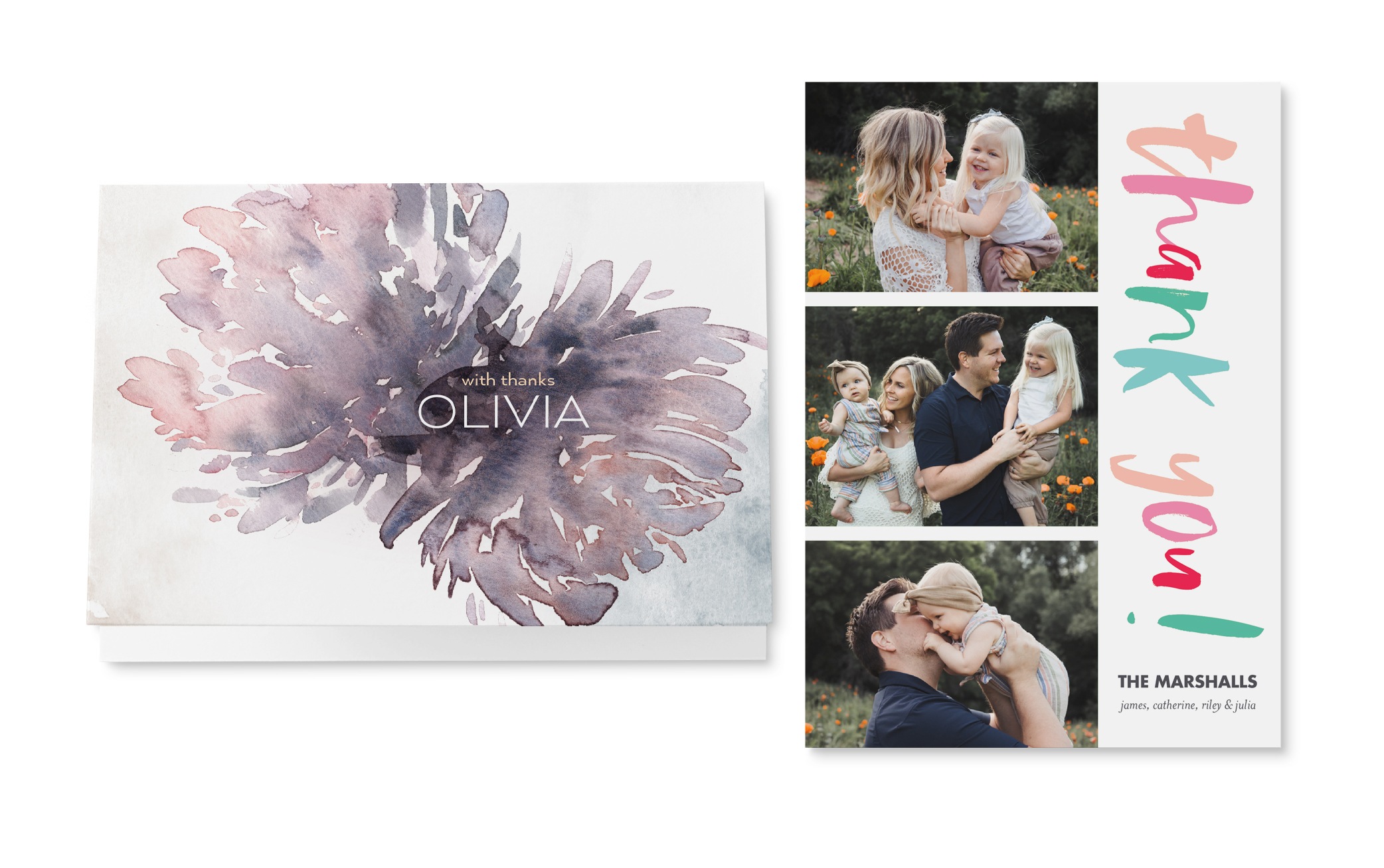 Two thank you cards featuring a family of four with multicolored lettering