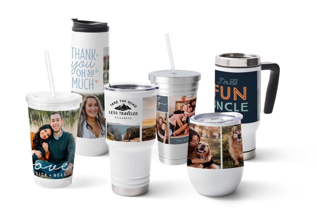 Collection of custom drinkware like tumblers and water bottles