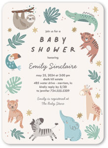Safari baby shower invitation with jungle animals like sloths, zebras, elephants, and more