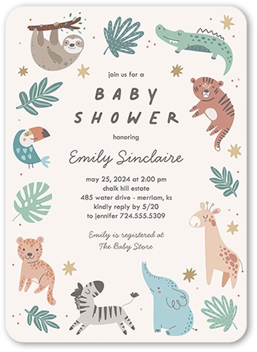 Safari baby shower invitation with jungle animals like sloths, zebras, elephants, and more