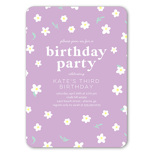 purple 3rd birthday invitation with white flowers