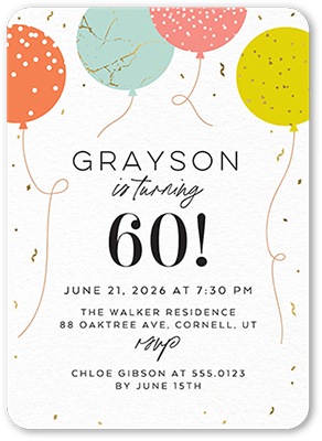 No photo birthday party invitation template with balloons and confetti.