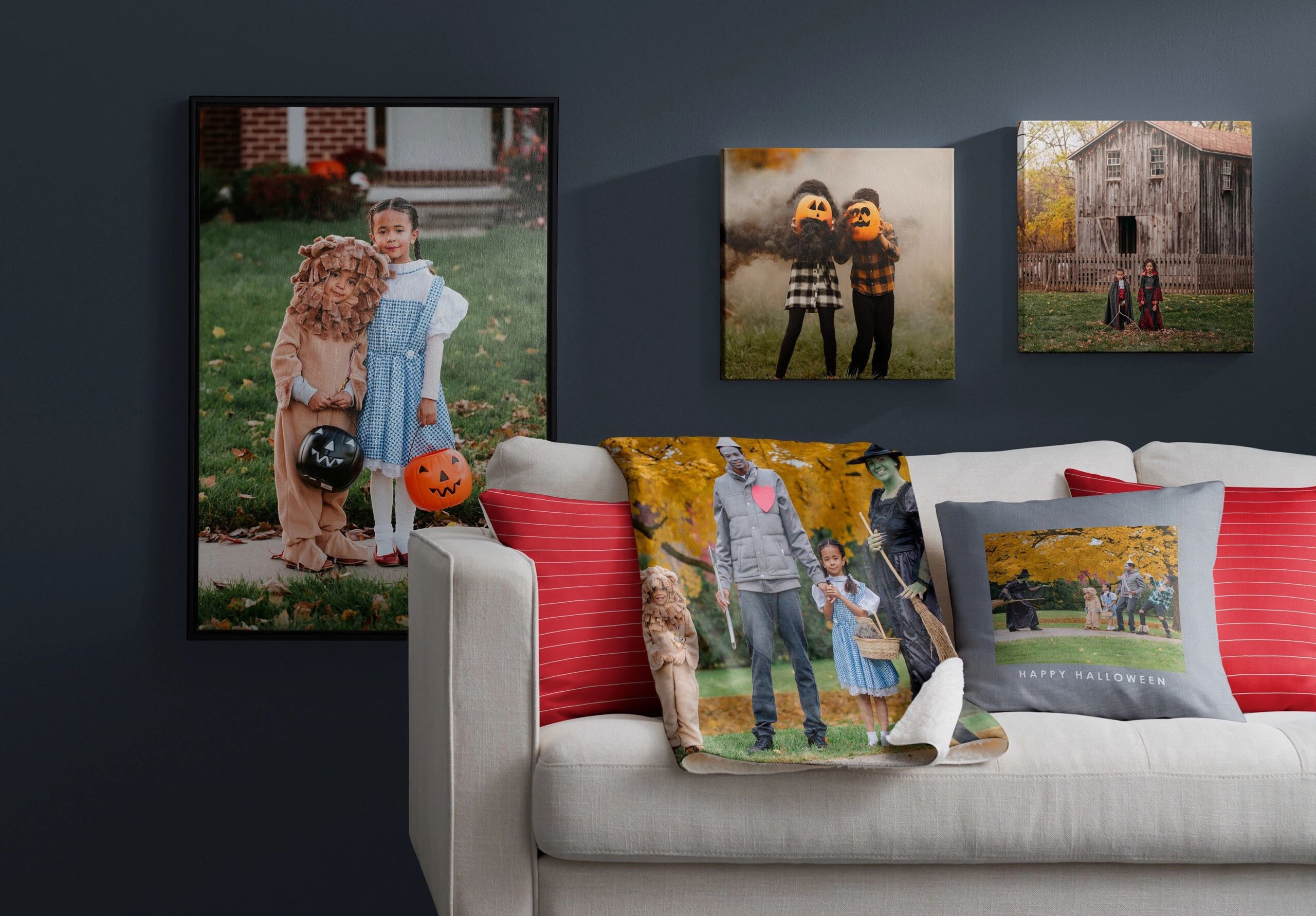 halloween wall art, blankets, and pillows