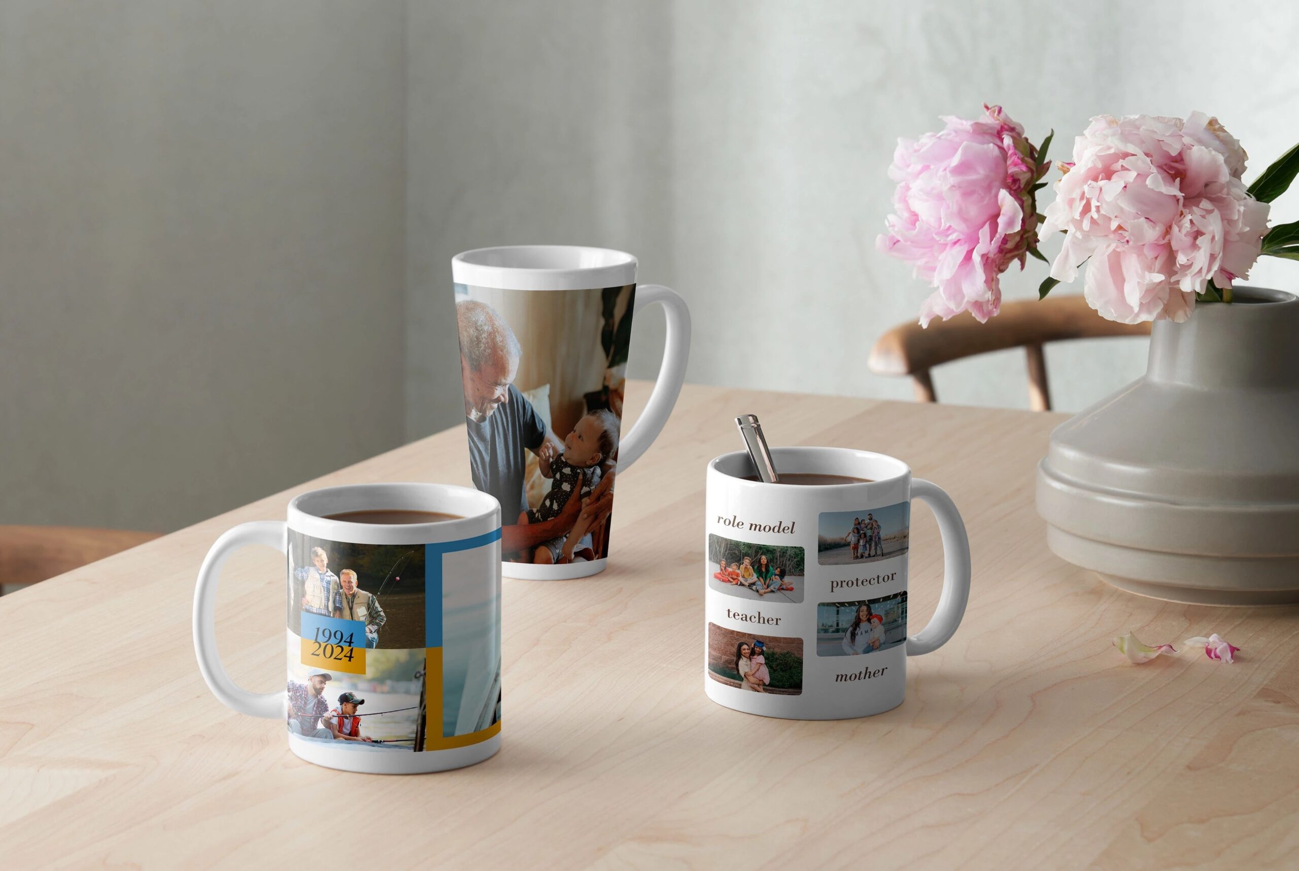 three photo mugs on a table