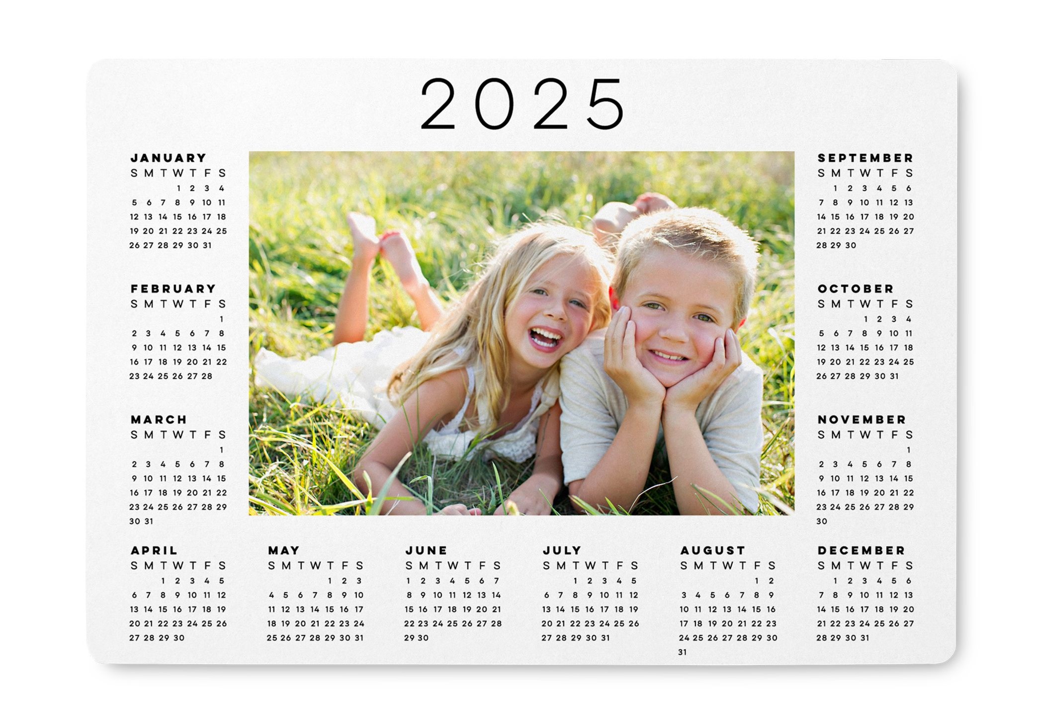 2025 calendar magnet with a photo of a young siblings