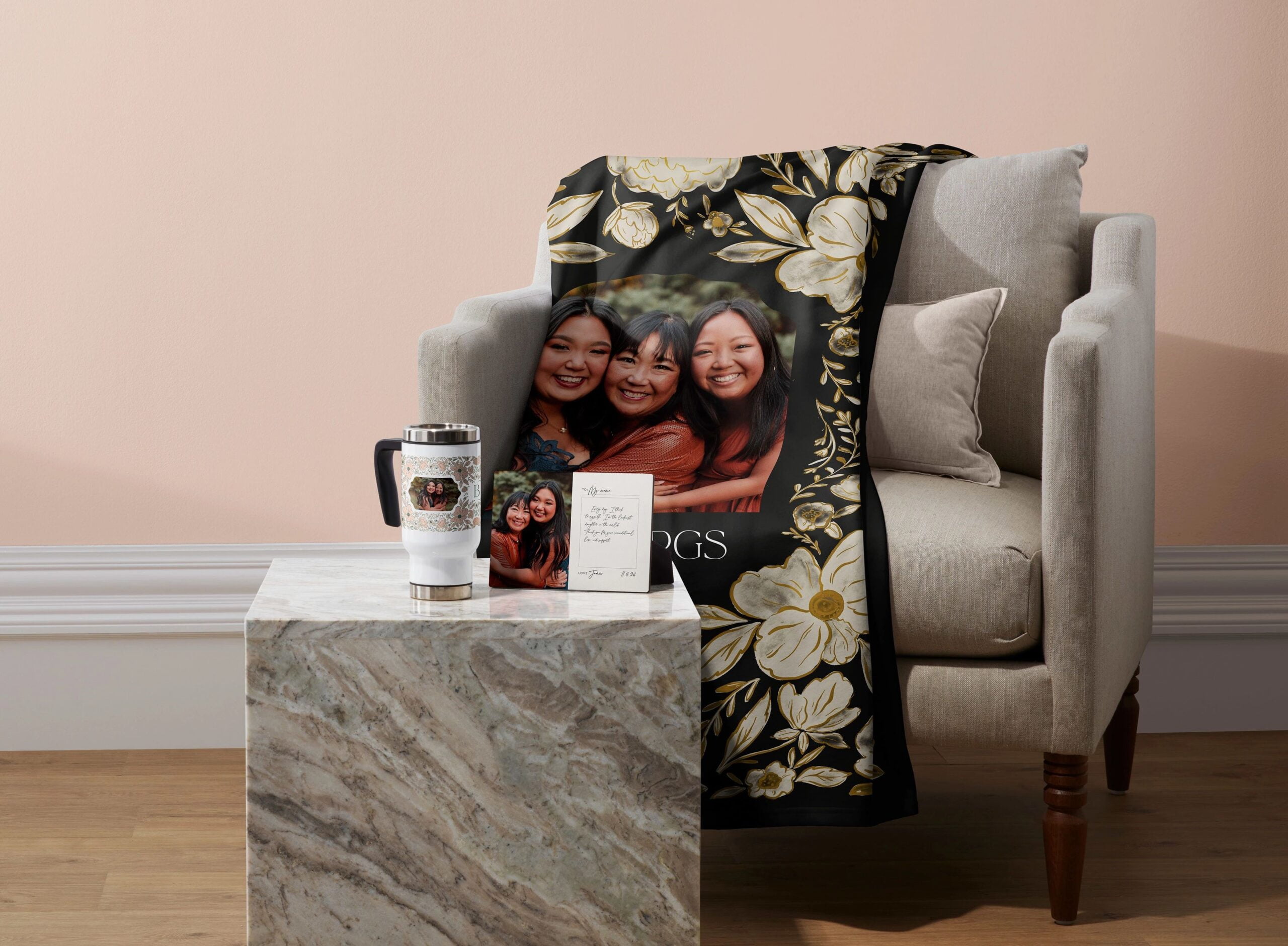 personalized photo blanket, desktop plaque, and travel mug as mother's day gifts