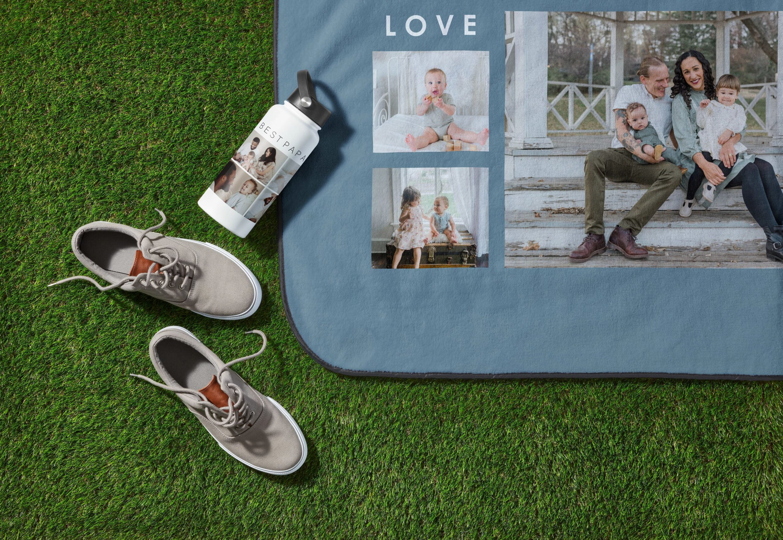 father's day water bottle and photo blanket next to shoes