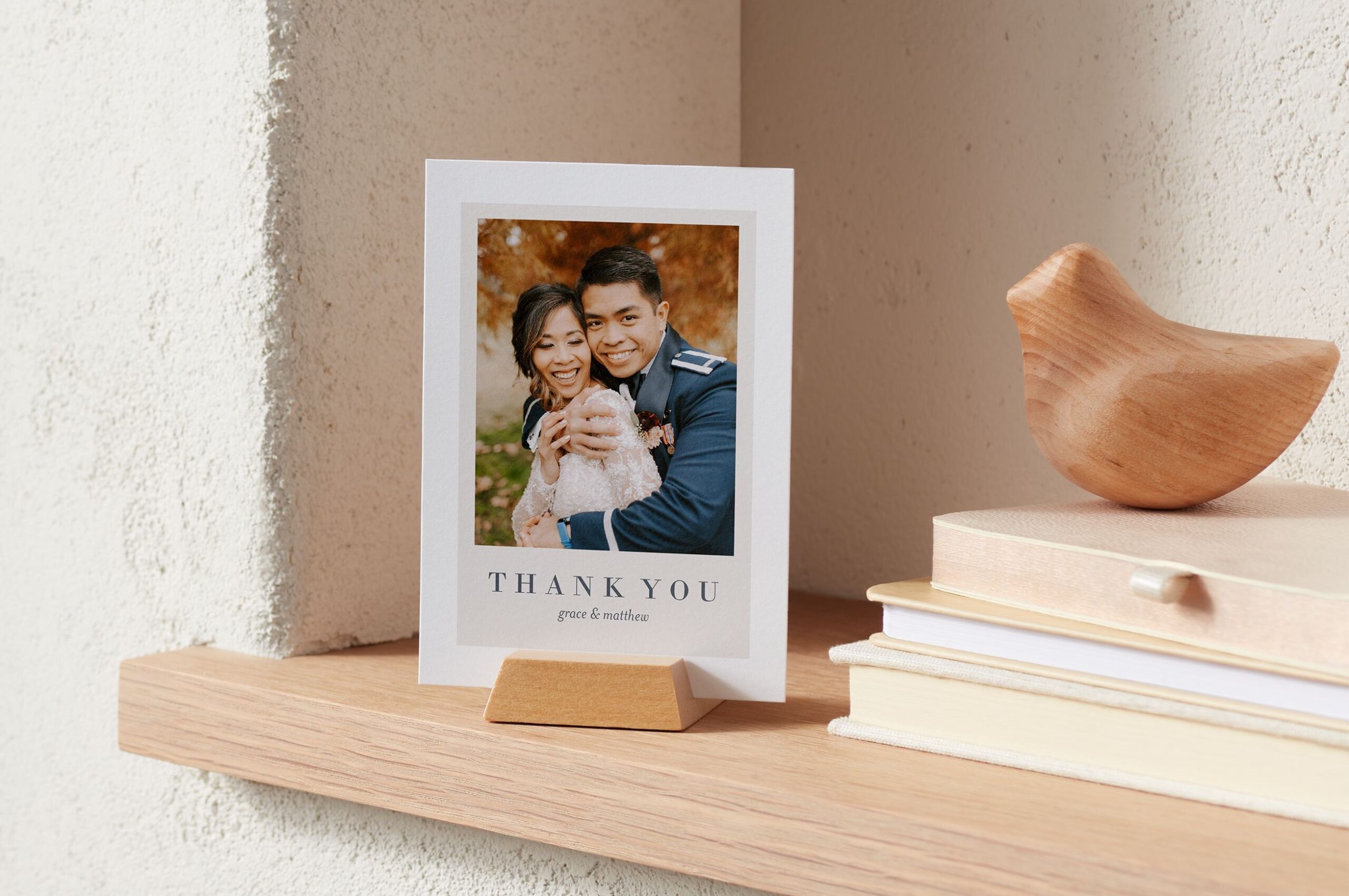 photo wedding thank you card on a shelf