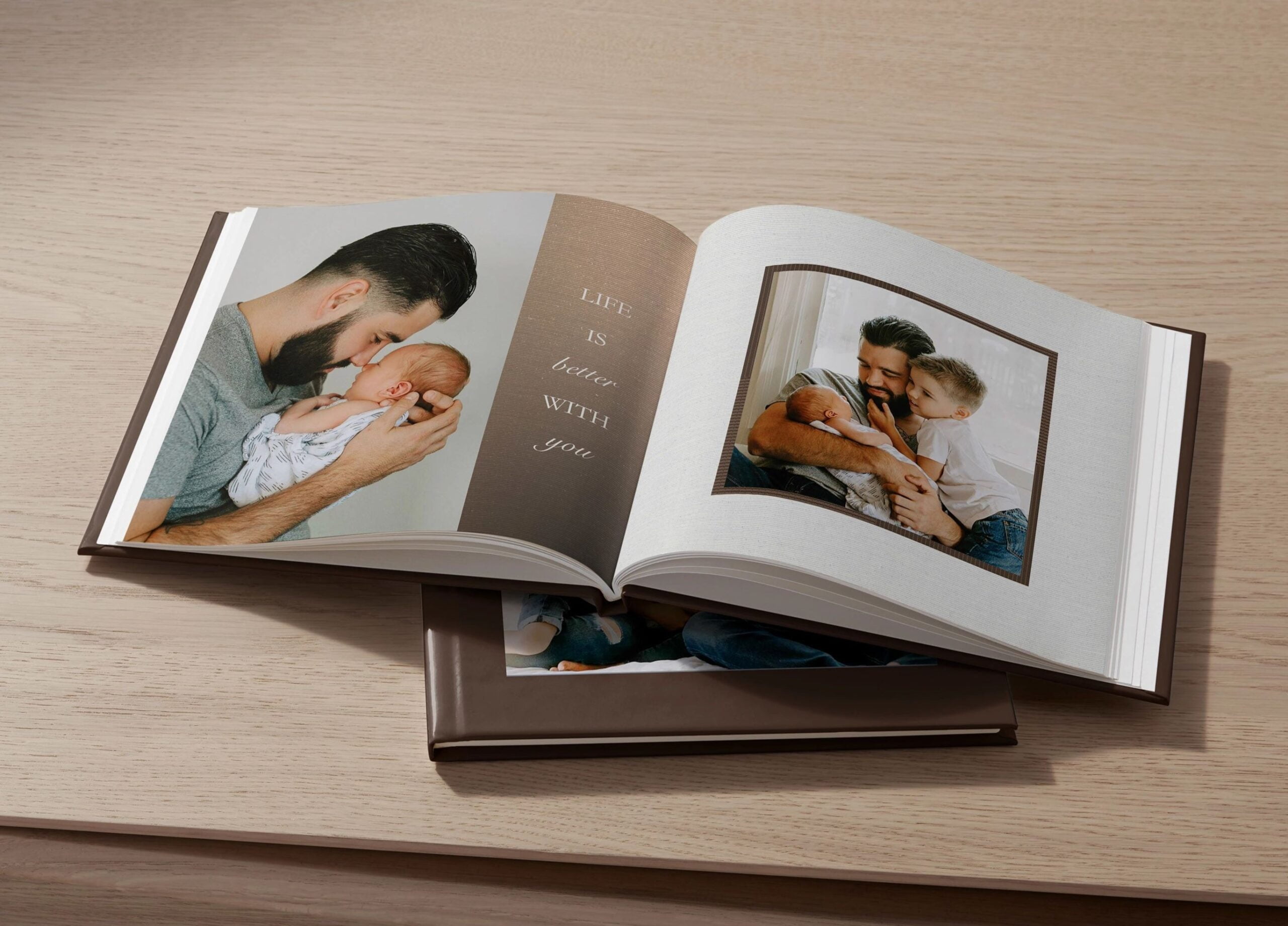 photo book with pictures of a father and children