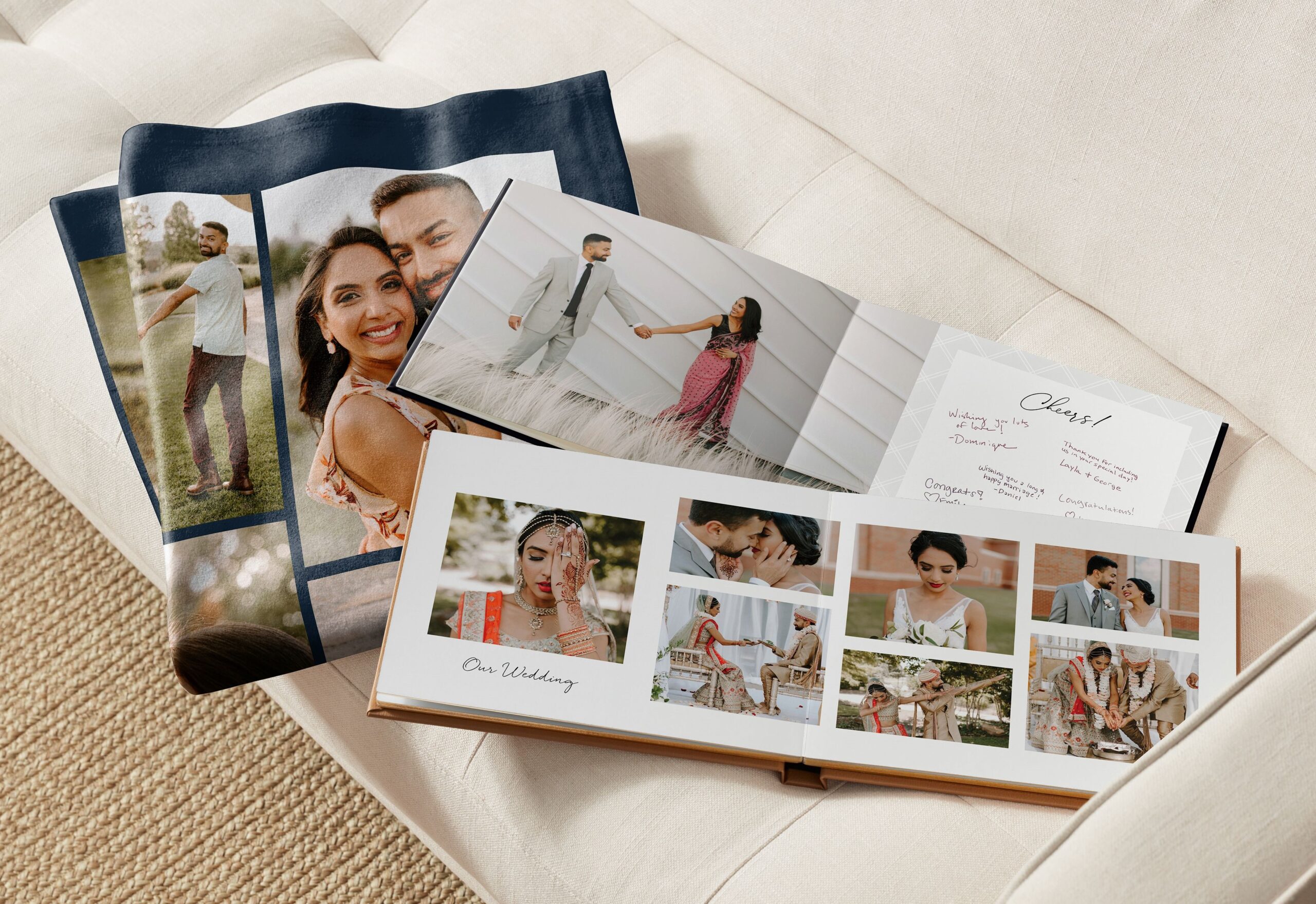 a wedding guest book, wedding album, and photo blanket