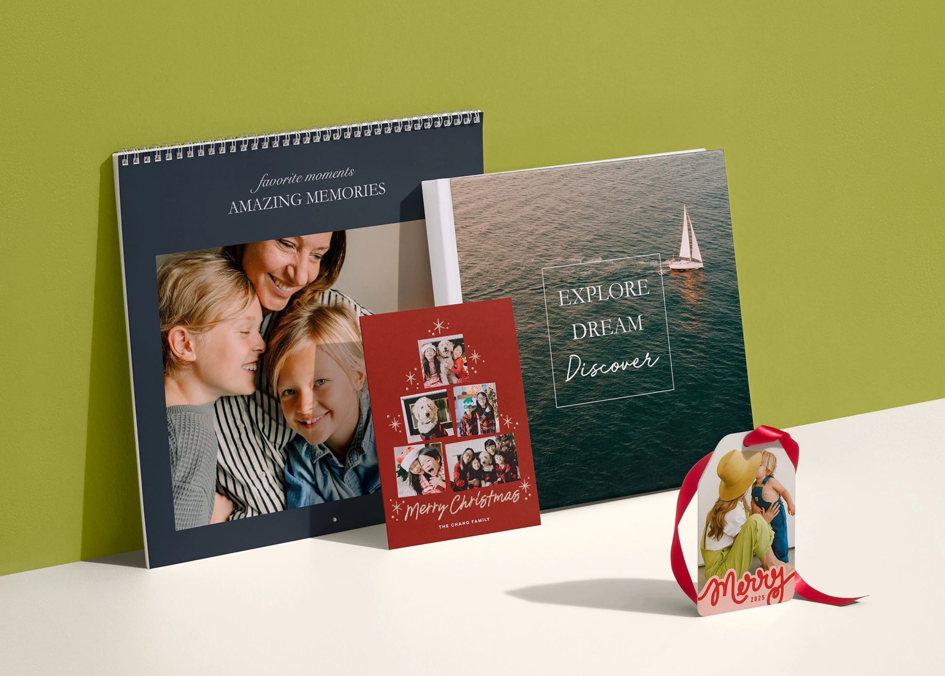 christmas card, ornament, calendar, and photo book