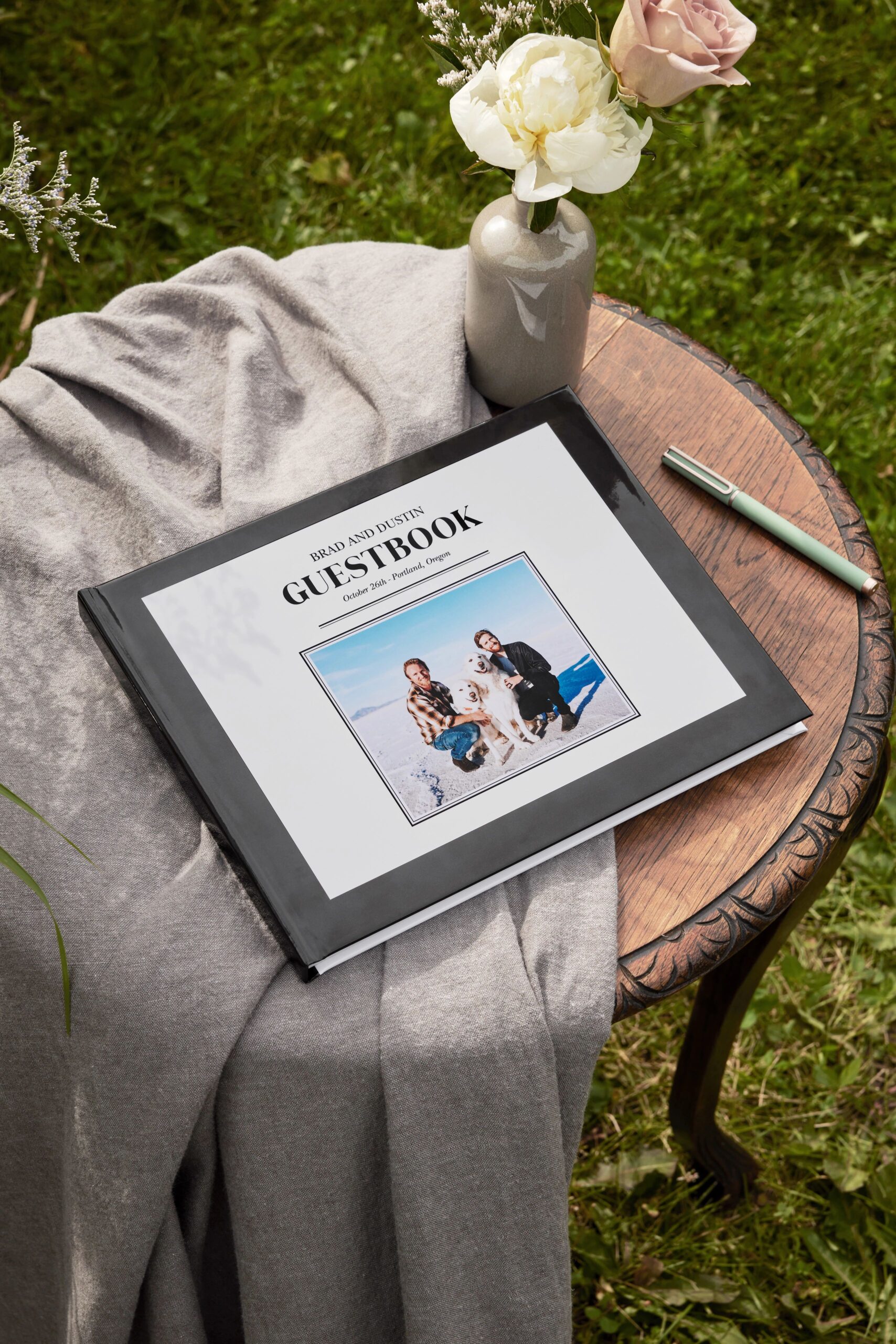 wedding guest book displayed on a table