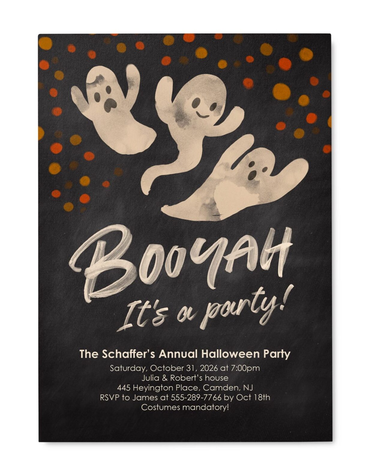 black halloween party invitation with ghosts