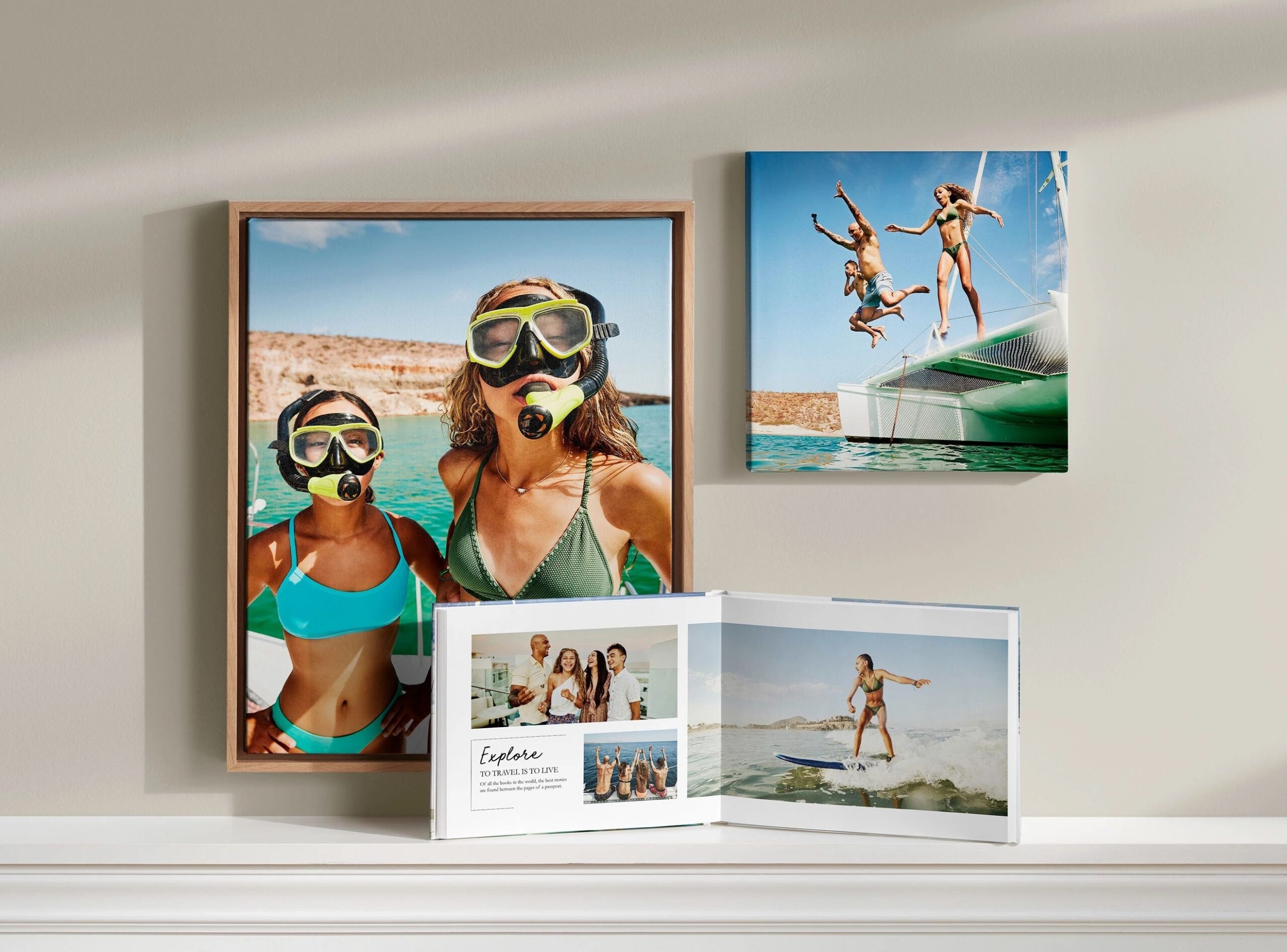travel photos in a photo book and wall art