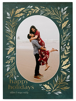 green with gold foil holiday card with photo