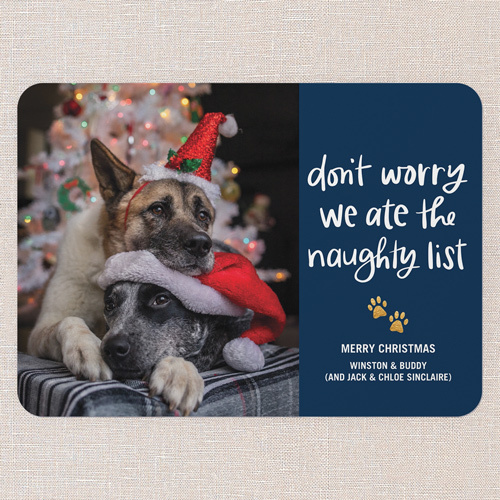 christmas card with picture of two dogs in front of the christmas tree