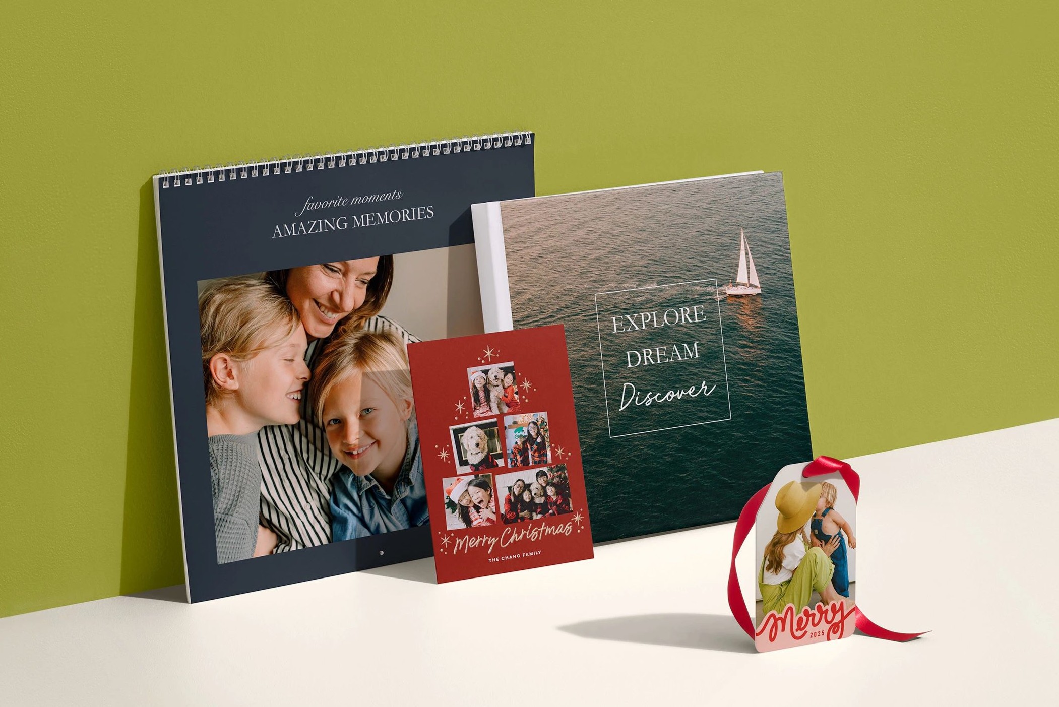 calendar, photo book, christmas card, and ornament