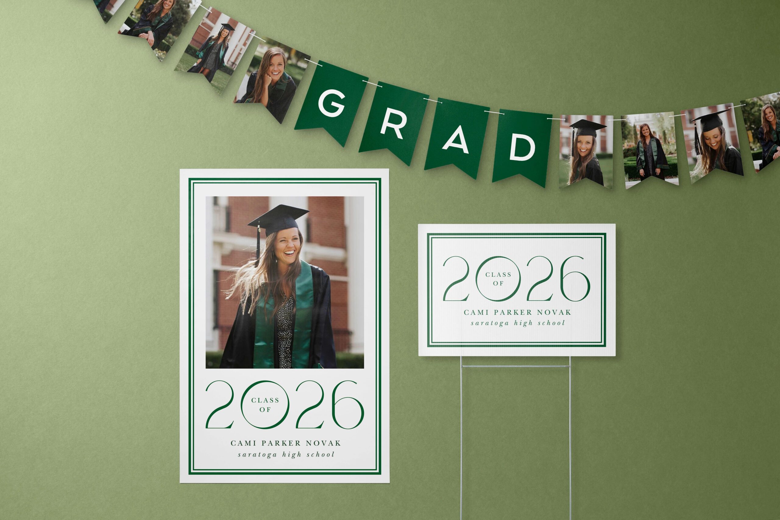 graduation bunting banner, celebration photo board, and yard sign