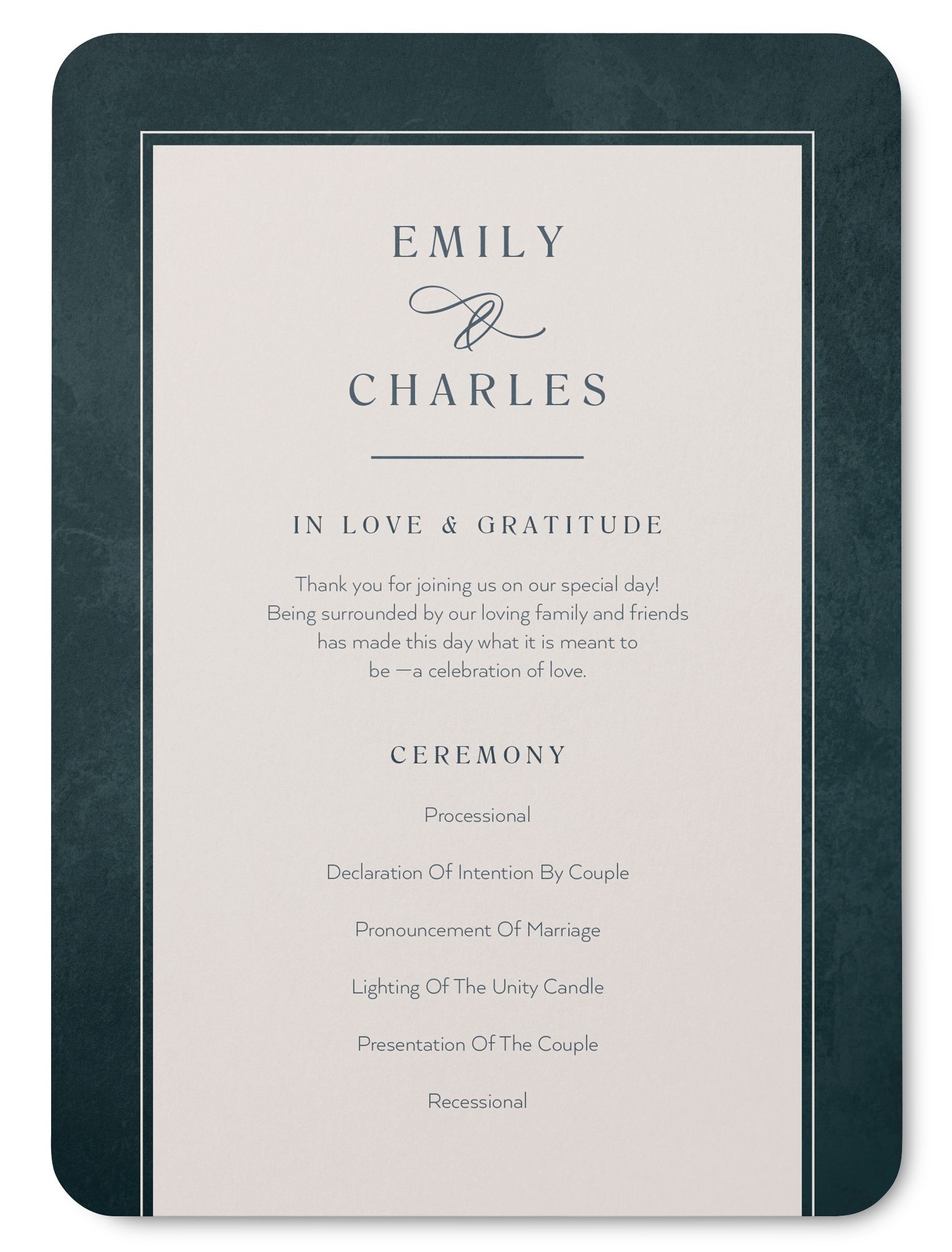 dark green and white wedding program
