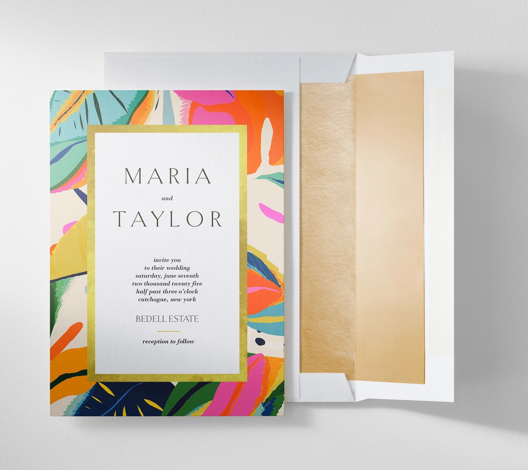colorful wedding invitation and foil envelope liner