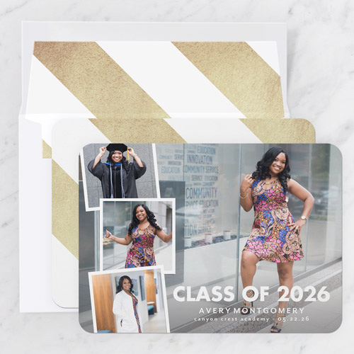 girl posing in front of school building on graduation announcement