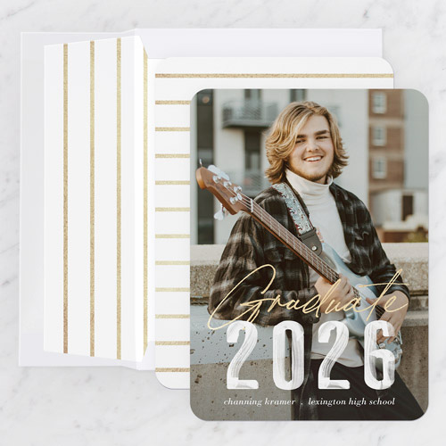 boy holding guitar on graduation announcement