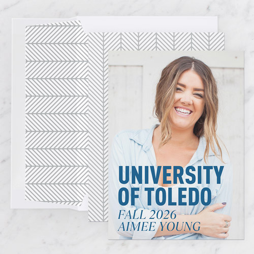 graduation announcement with girl posing with arms crossed and smiling