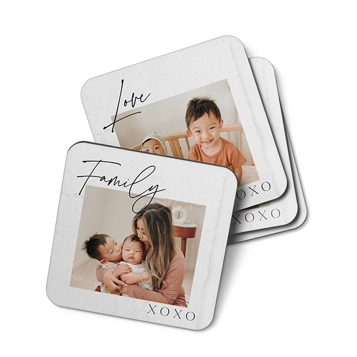 set of custom coasters personalized with pictures of a family