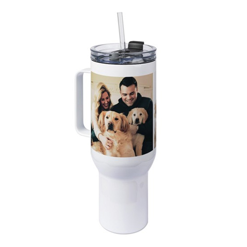 40oz tumbler with handle with photo of couple and two dogs