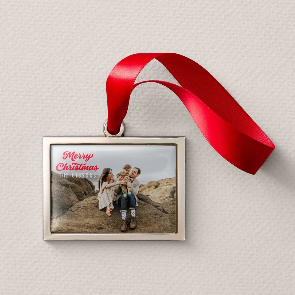 photo ornament with red ribbon