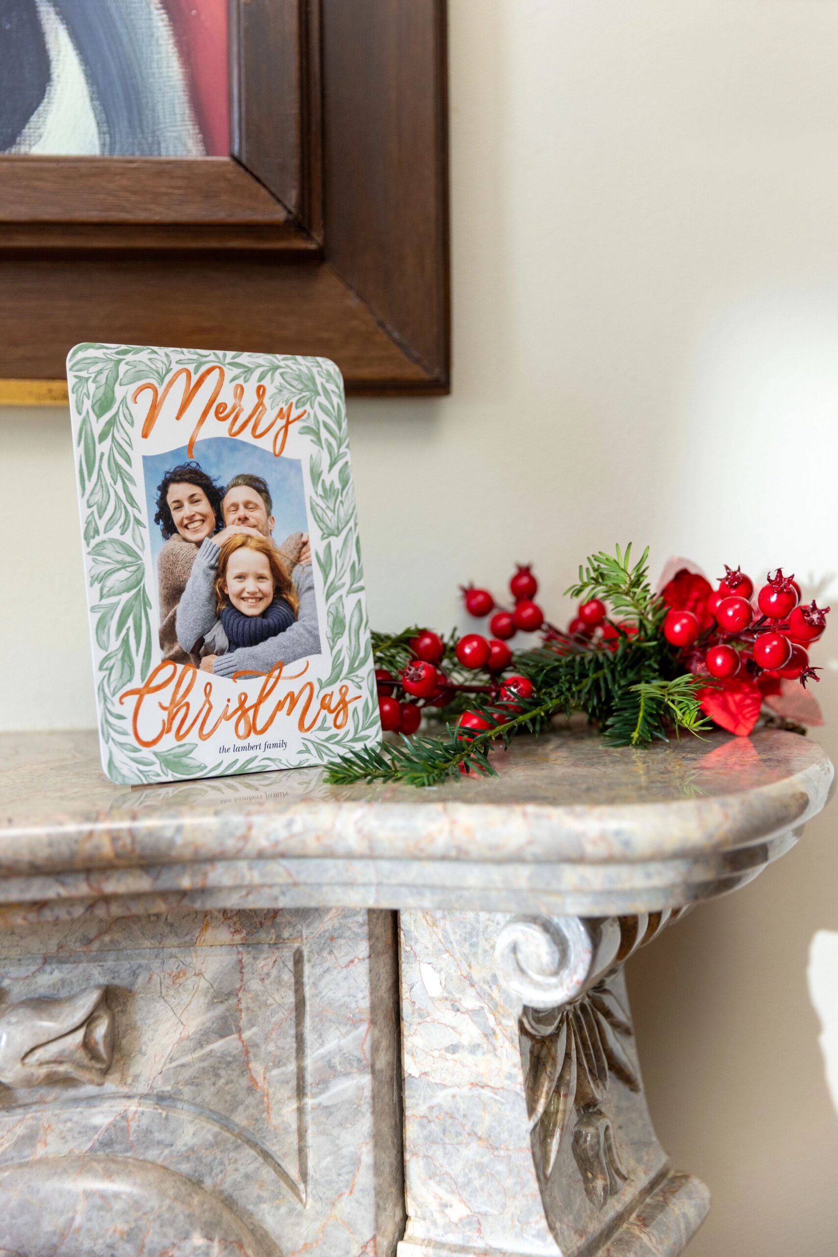 christmas card on mantle